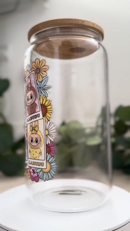 Exclusive Labubu Collection - Flower Labubu dolls iced coffee can, Labubu Libbey Glass with Bamboo Lid and Glass Straw