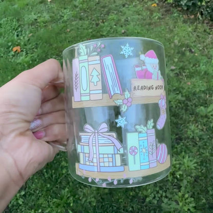 Christmas bookshelf Themed Glass Coffee Mug: Double Walled 13oz For Book Lovers