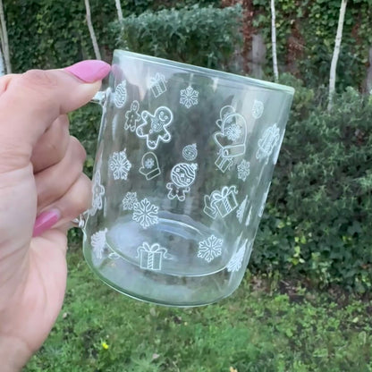 White Doodle Winterwonderland Glass Coffee Mug: Double Walled 13oz