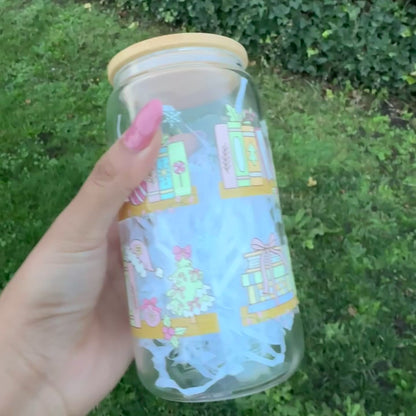 Christmas Bookshelf Book Nook Iced coffee Glass Can With Bamboo Lid and Straw