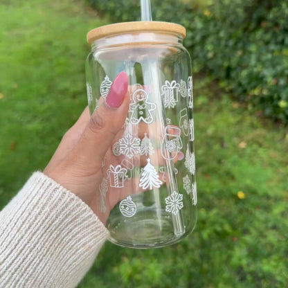 White Christmas Doodle Iced coffee Glass Can With Bamboo Lid and Straw