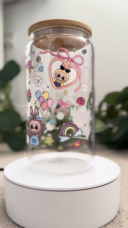 Exclusive Labubu Collection - Labubu Monster Doll iced coffee can, Labubu Libbey Glass with Bamboo Lid and Glass Straw