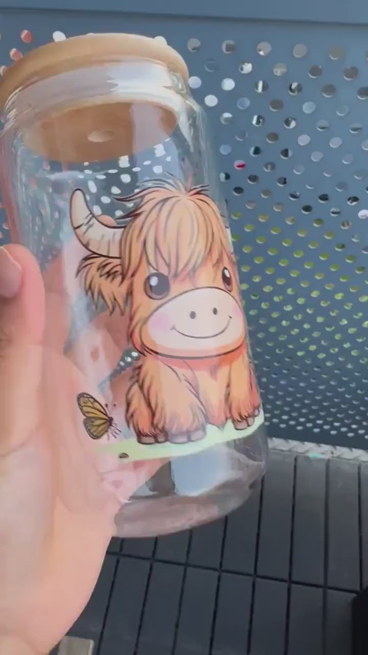 Highland cow Iced Coffee Can Glass,Highland Cow Beer Can Glass with lid and straw, Highland Cow Iced Coffee Cup, Highland Cow Glass Tumbler