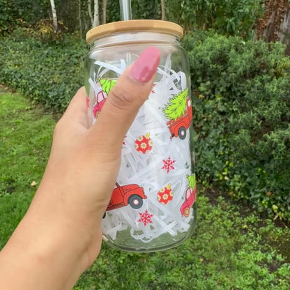 Christmas Red Truck Iced coffee Glass Can With Bamboo Lid and Straw