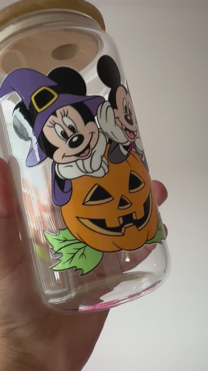 Spooky Disney Coffee Glass , Halloween Mouse Pumpkin Iced Coffee Can Glass Tumbler 16 oz