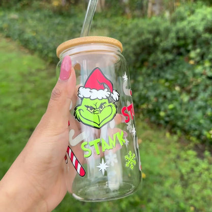 Christmas Grinch Stink Stunk Stank Iced coffee Glass Can With Bamboo Lid and Straw