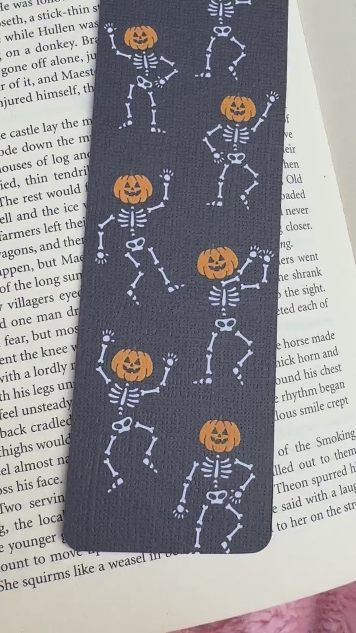 Dancing Ghost Pumpkin Bookmark for Book Lovers double sided ,Autumn Cute Pumpkin Linen Bookmark, Booklover Gift,Spooky Skeleton bookmark