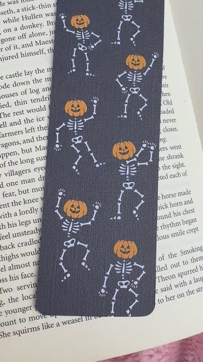 Dancing Ghost Pumpkin Bookmark for Book Lovers double sided ,Autumn Cute Pumpkin Linen Bookmark, Booklover Gift,Spooky Skeleton bookmark