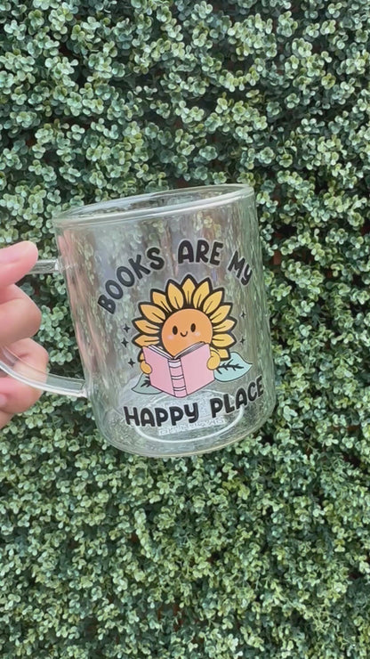 Book lover glass coffee mug . Books are my happy place Glass mug .Gift for book lover, Bibliophile gift . Bookish mug 13oz Double walled