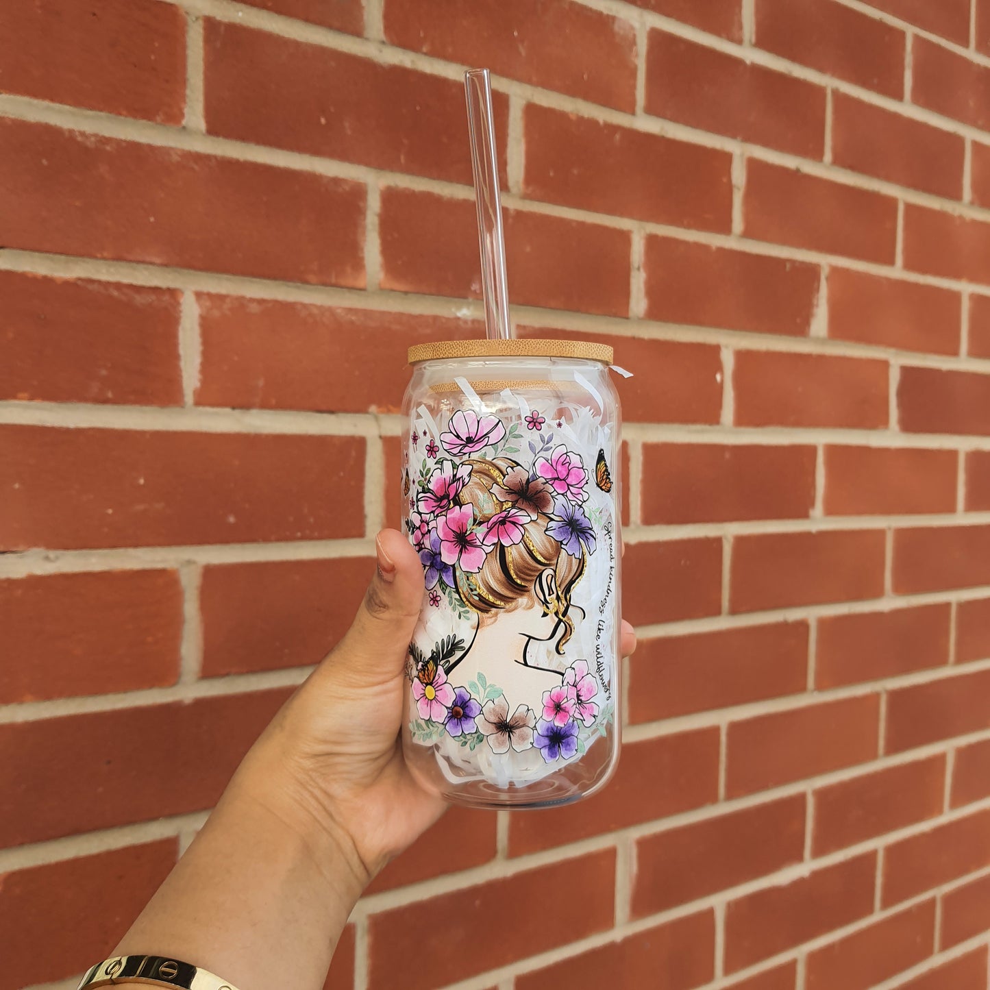 Women Empowerment Positivity and Affirmation Wildflower Girl Themed Gift Glass Tumbler 16 oz