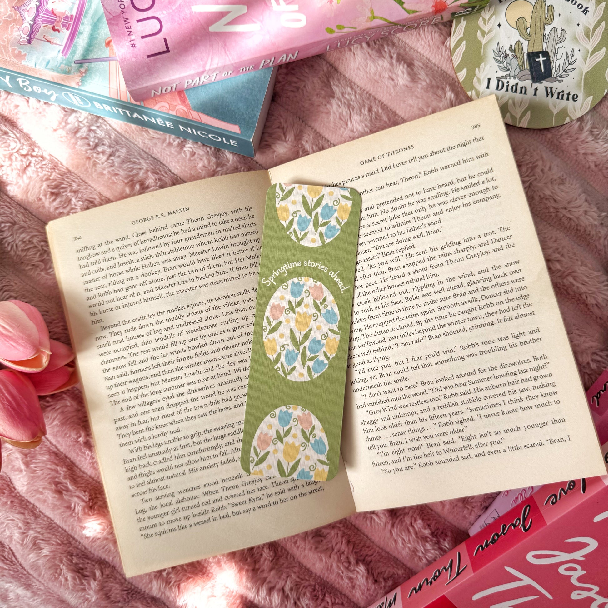 springtime stories ahead tulip linen bookmark