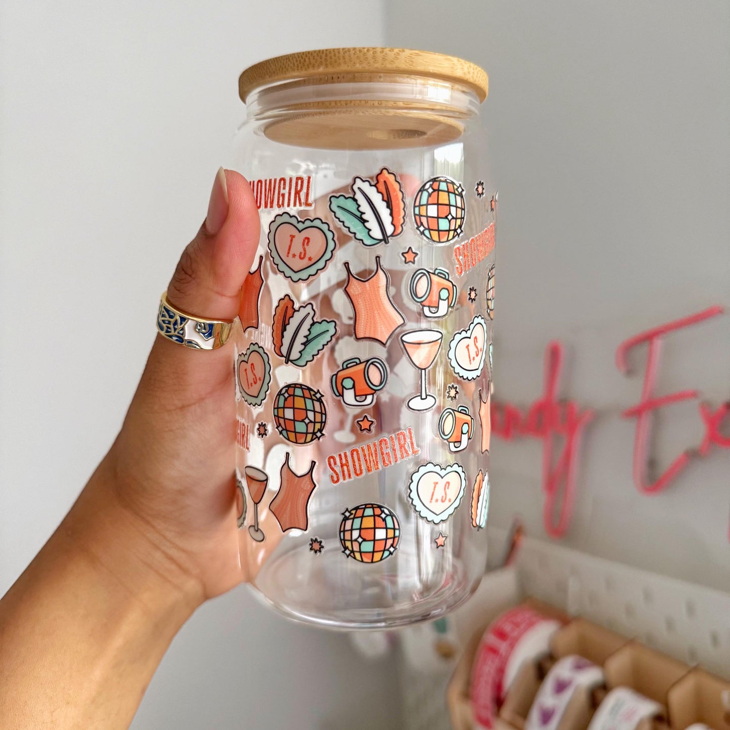 The Life of a Showgirl TSwift 16oz glass can with bamboo lid and straw”